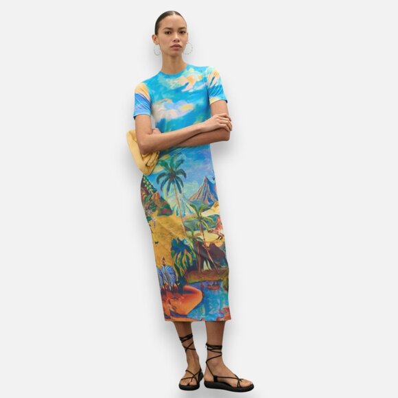 Stella Jean Beach Print Midi Dress | size 10 - Picture 2 of 5